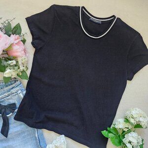 Brandy Melville Black Ringer Tee with Striped Neckline - One Size